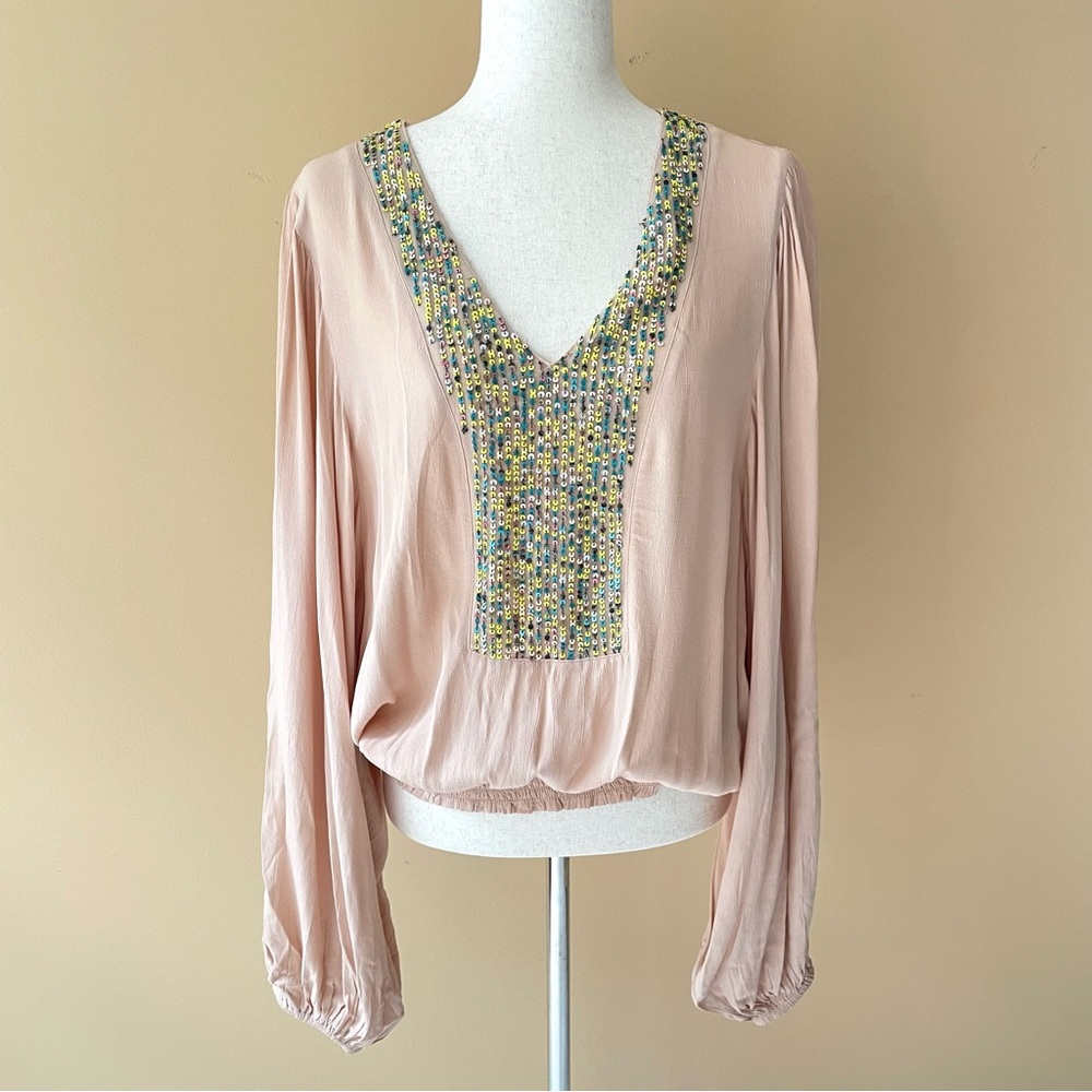 Anthropologie Blush Blouse with Colorful Front Detail